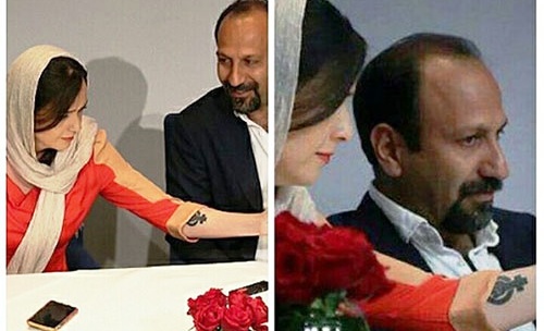 Taraneh Alidoosti and a tattoo of the feminist logo on her arm 